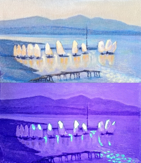 Швертботы «Оптимист» в яхт-клубе. День и ночь. Серия «Яхт-клуб». Проект «Светофизика в живописи ZhNataly .