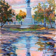 Розовый закат, отражение. Петр Первый Антокольского в Таганроге.  Пленэр ZhNataly  Розовый колорит на закате