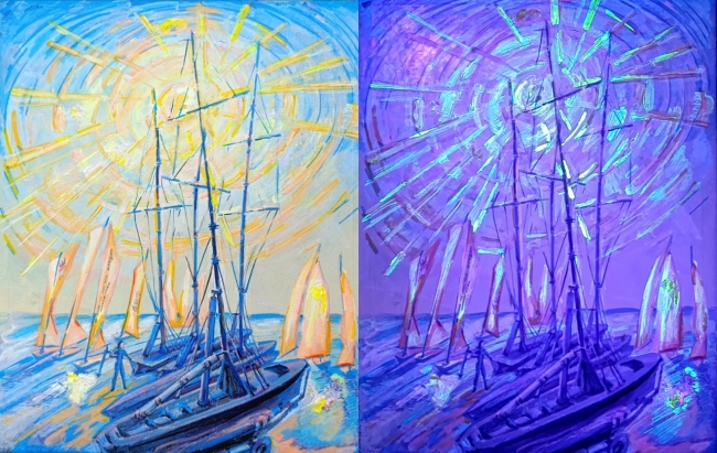 Регата. Солнце/луна. День и ночь. Серия 'яхт-клуб ". Проект «светофизика в живописи» ZhNataly. Светящаяся картина.