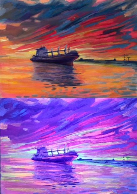 Сухогруз на закате. День и ночь. Проект «светофизика в живописи» ZhNataly. Светящаяся картина.
